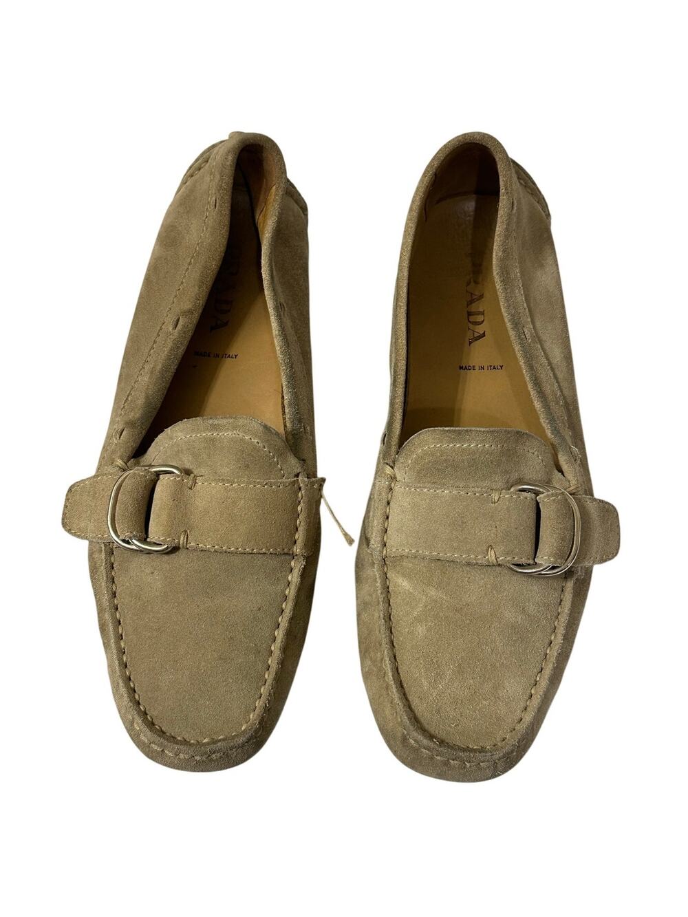 PRADA Driving Moccasins Beige Suede Rubber Sole Silver Buckle